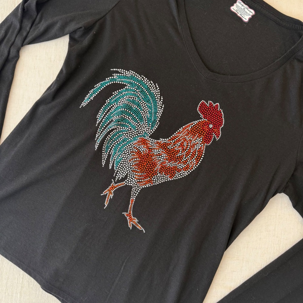 Becky's Boutique Womens XL Black‎ Rhinestone Rooster V-Neck Long Sleeve Shirt